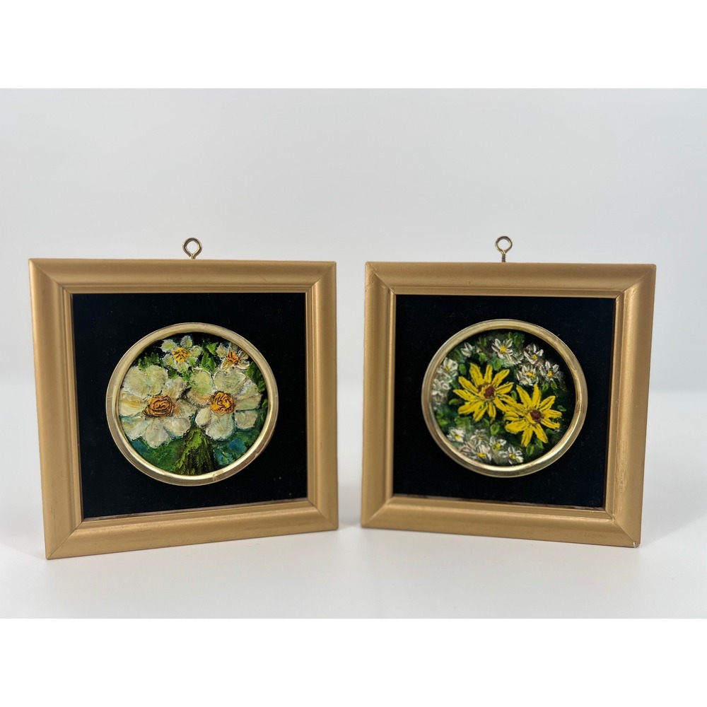 Vintage Miniature Floral Oil Still Life Painting 4" Set Wood Gold Velvet Frame